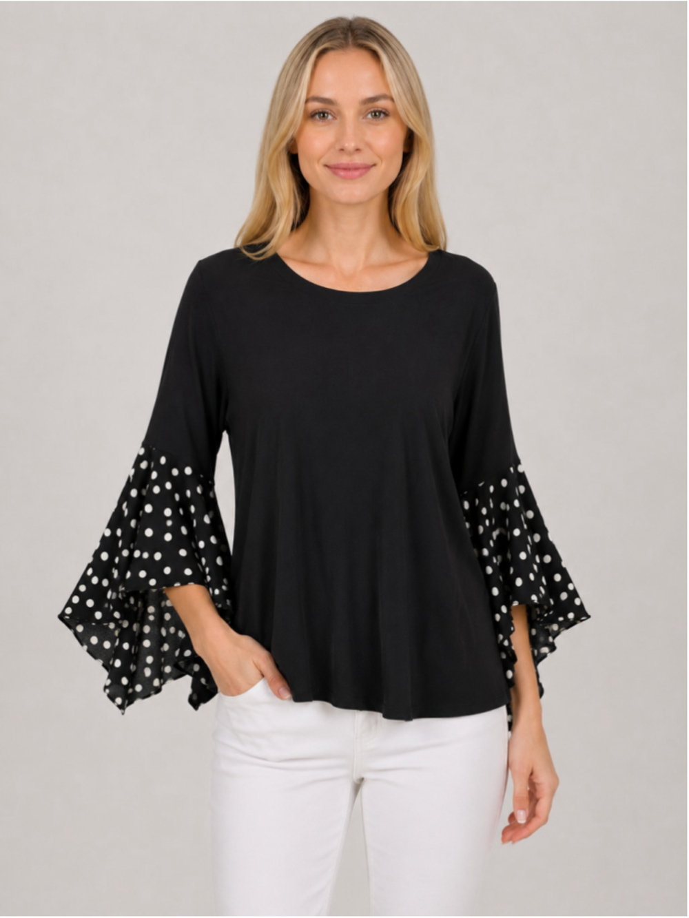 Joseph Ribkoff Black Polka Dot Flounce Sleeve Blouse Crew Neck Top Chic Size 14